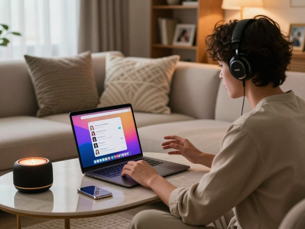 Engaging in a sex AI chat session in a cozy modern personal space.