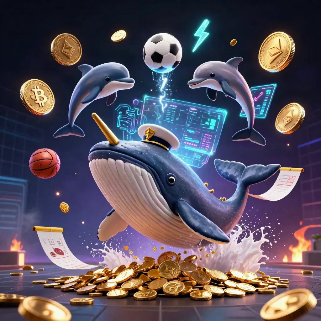 Whale, narwhal and dolphins burst through coins with crypto icons in a neon casino sports scene.