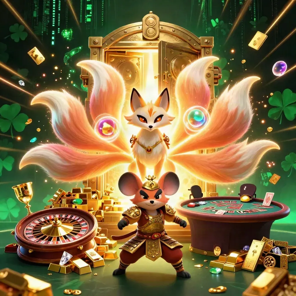 Fox spirit and armored mouse amid vault treasure, casino props, and neon light in a dark emerald scene.
