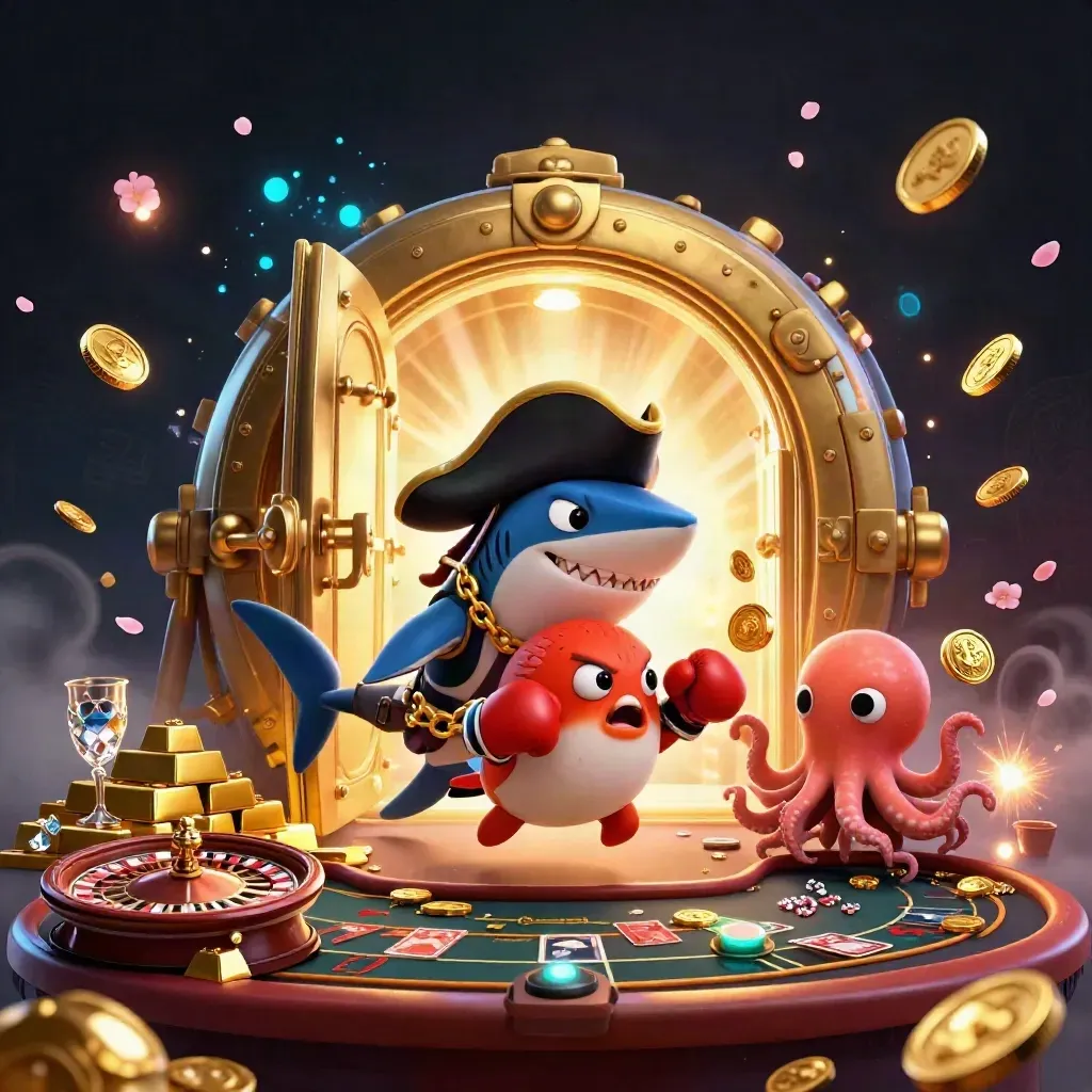 Pirate shark, boxing pufferfish, and coin-juggling octopus amid vault gold and casino glam