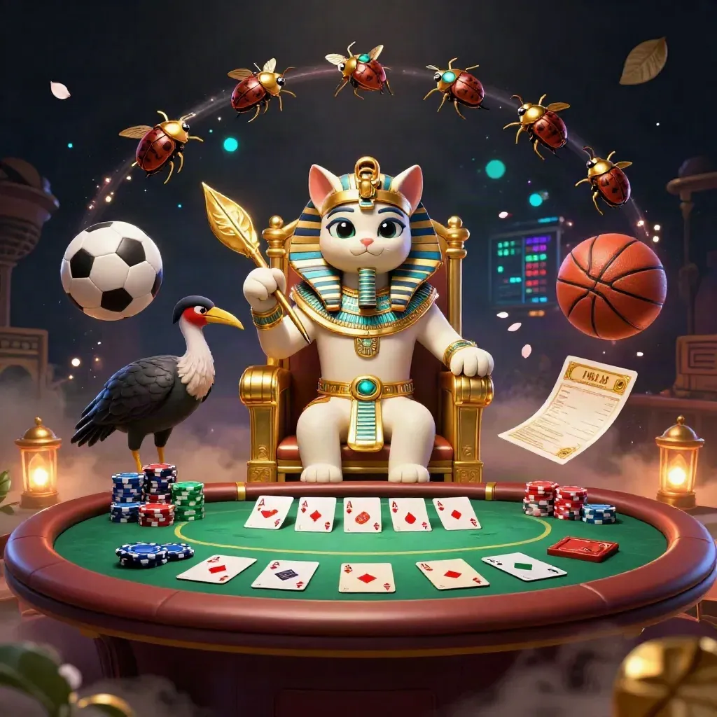 Pharaoh cat, ibis, scarabs, balls, chips, and glowing casino-sports effects in a dramatic neon scene.