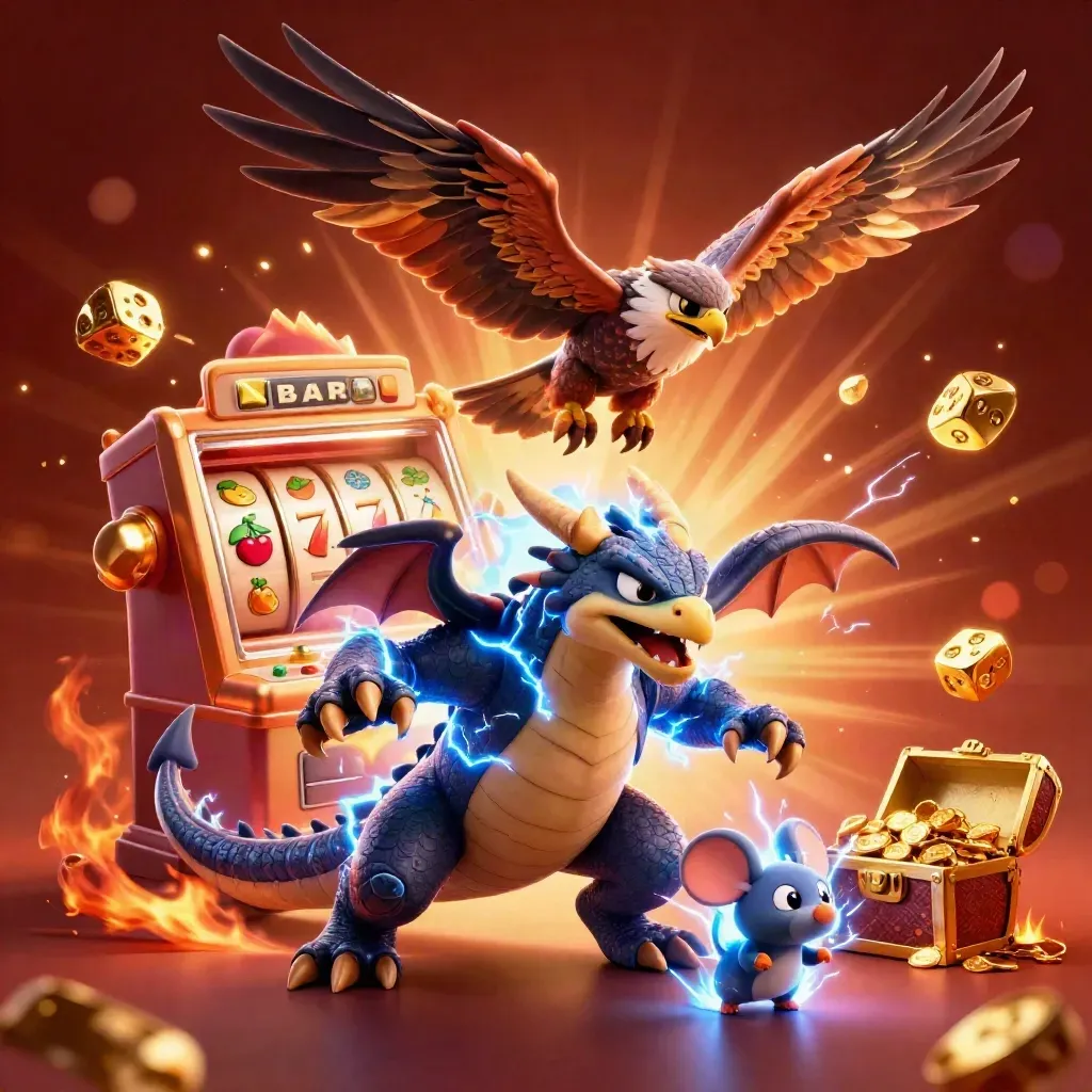 Thunder dragon, wind hawk, and crackling mouse burst from a slot machine with gold and lightning.