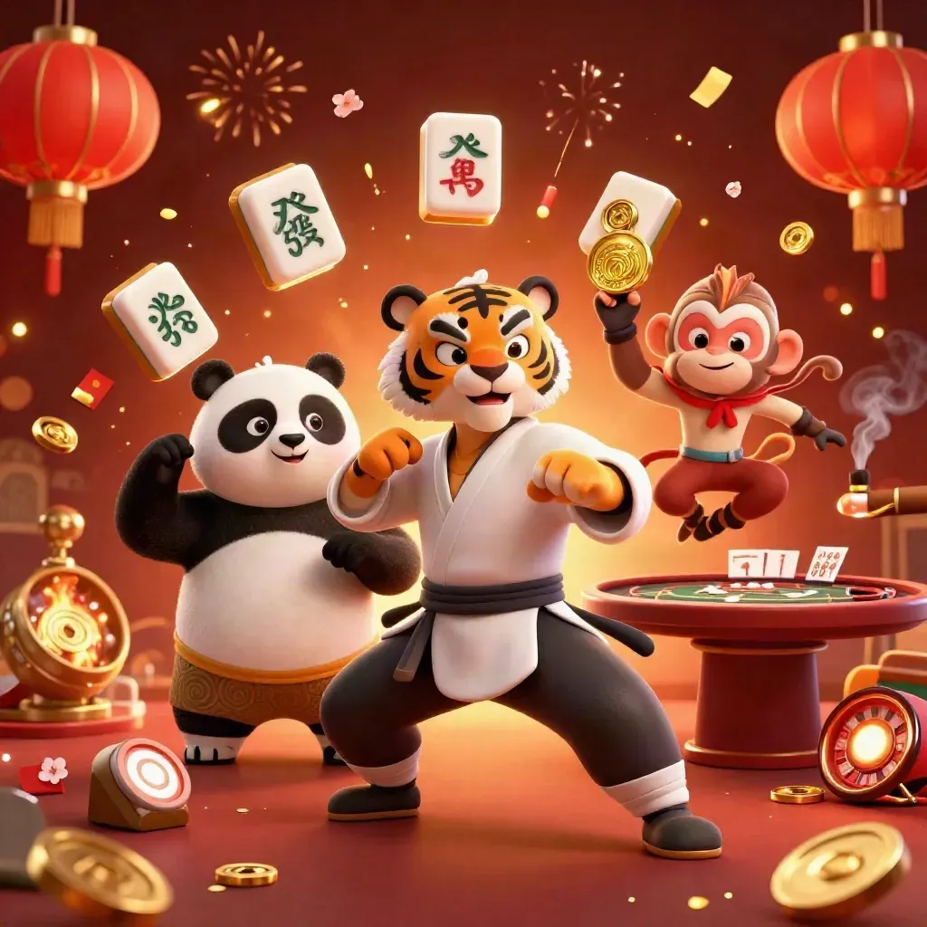 Kung-fu tiger, panda, and monkey in a casino glow with lanterns, coins, fireworks, and brass.