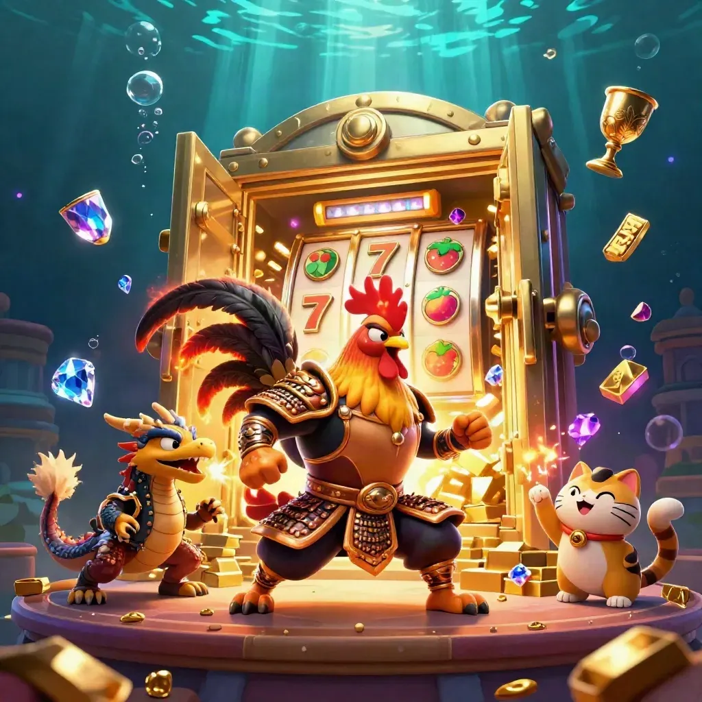 Rooster samurai, spark-breathing hatchling and fortune cat burst from a glowing vault underwater.