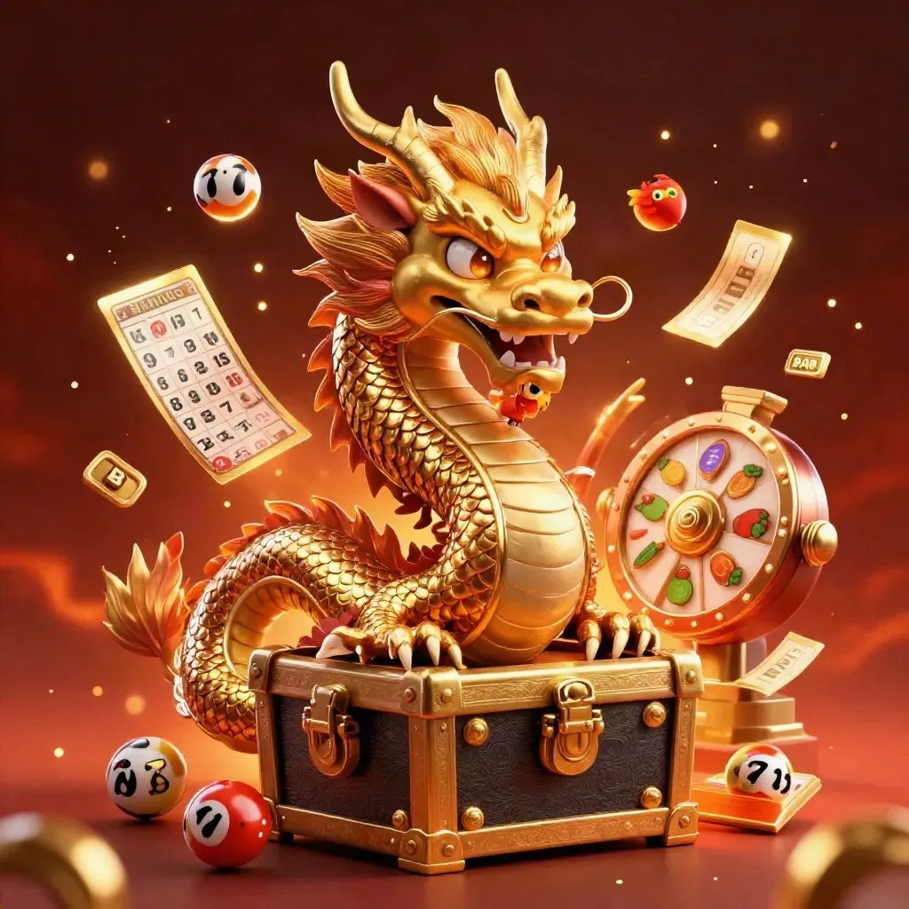 Golden dragon, phoenix, koi, and casino tokens burst in copper glow on a crimson background.