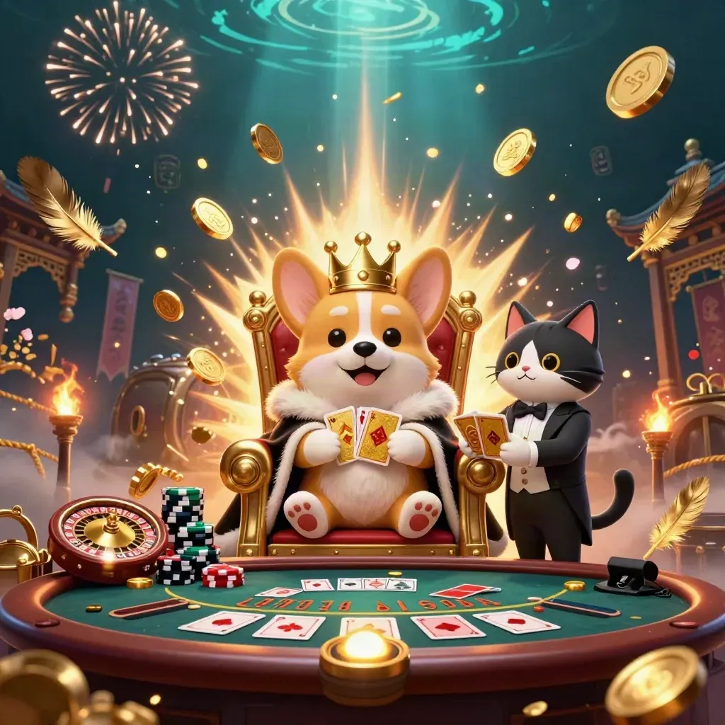 Royal corgi and cat butler amid casino treasure, coins, fireworks, and mystical teal lighting.
