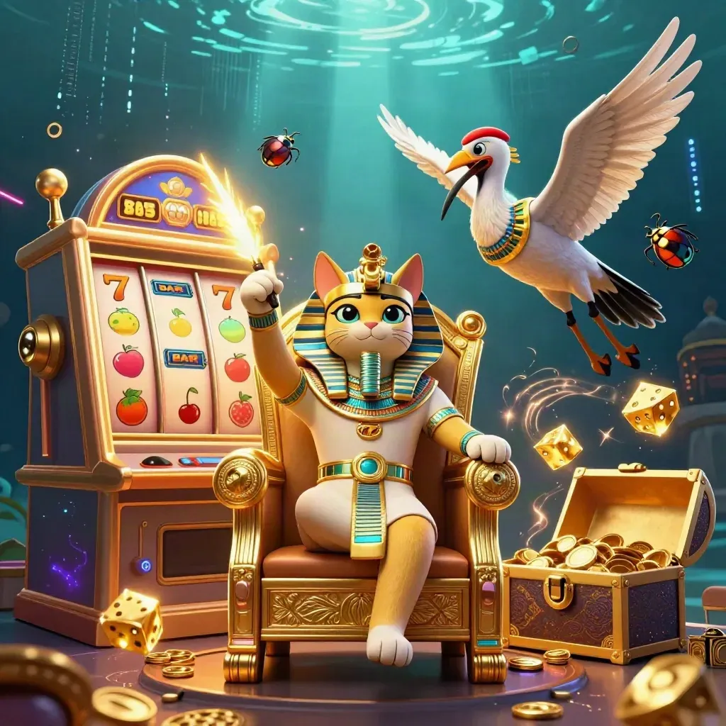 Pharaoh cat on a golden throne with ibis scribe, scarab beetles, and slot machine bursts in neon gold.