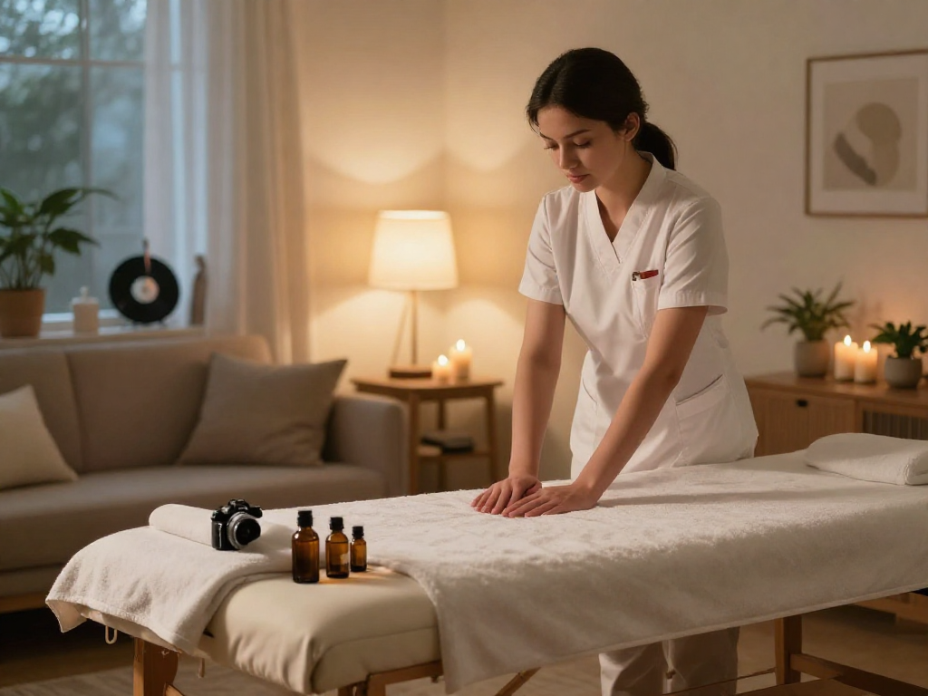 출장마사지 session in a cozy home spa setting with soothing ambiance and preparation elements.